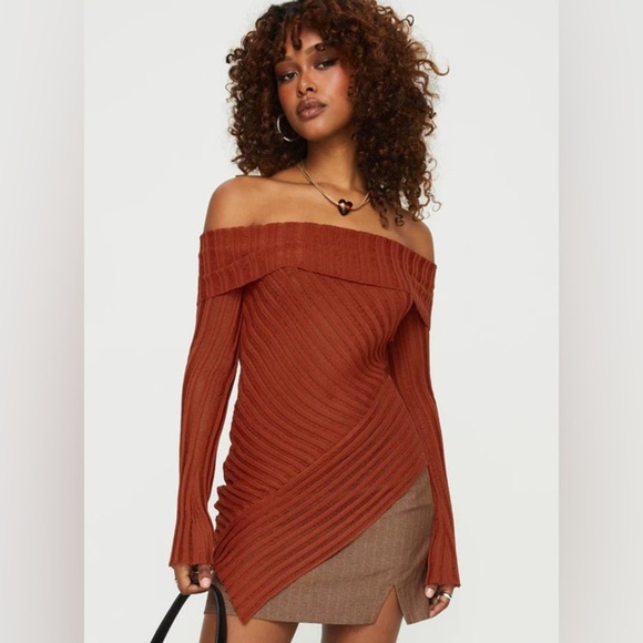 Princess Polly Off the Shoulder Sweater sheer knit asymmetrical top fitted s/m - Picture 1 of 6